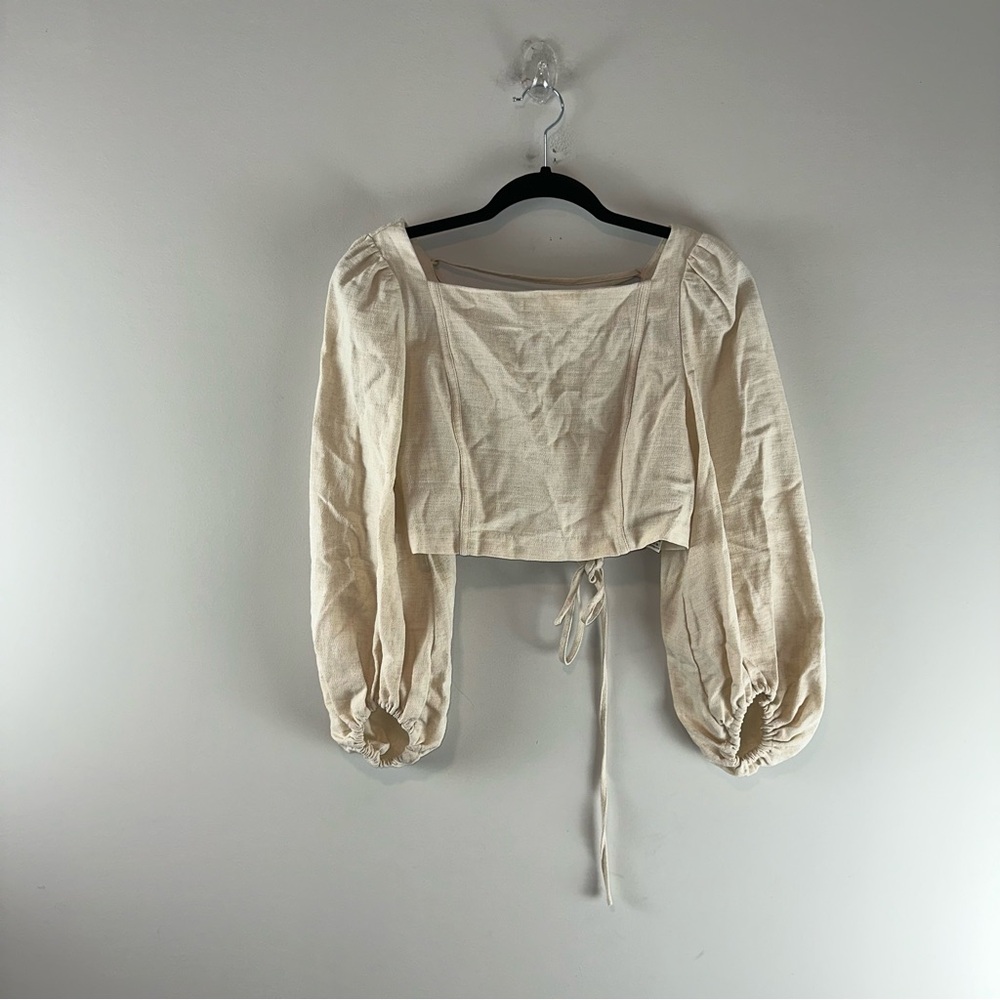 Zara Linen Square Neck Lace Up Back Puff Sleeve Peasant Top NWT Size S